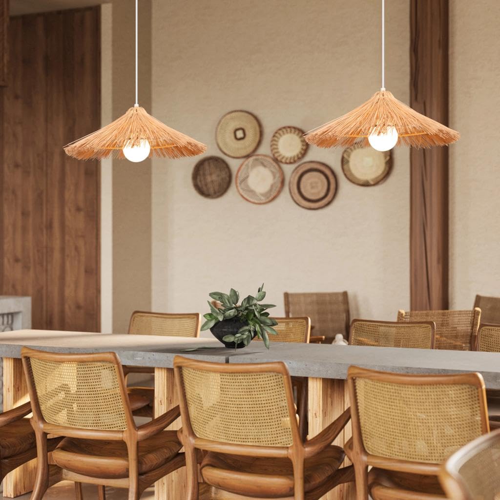 2 piezas Lámpara de Techo Colgante Bambú Natural Lámparas Colgantes Retro E27 Boho Plafón de Techo Creativa Paja Luz de Araña Decorativa para Comedor,Cocina,Salon,Cafetería,A