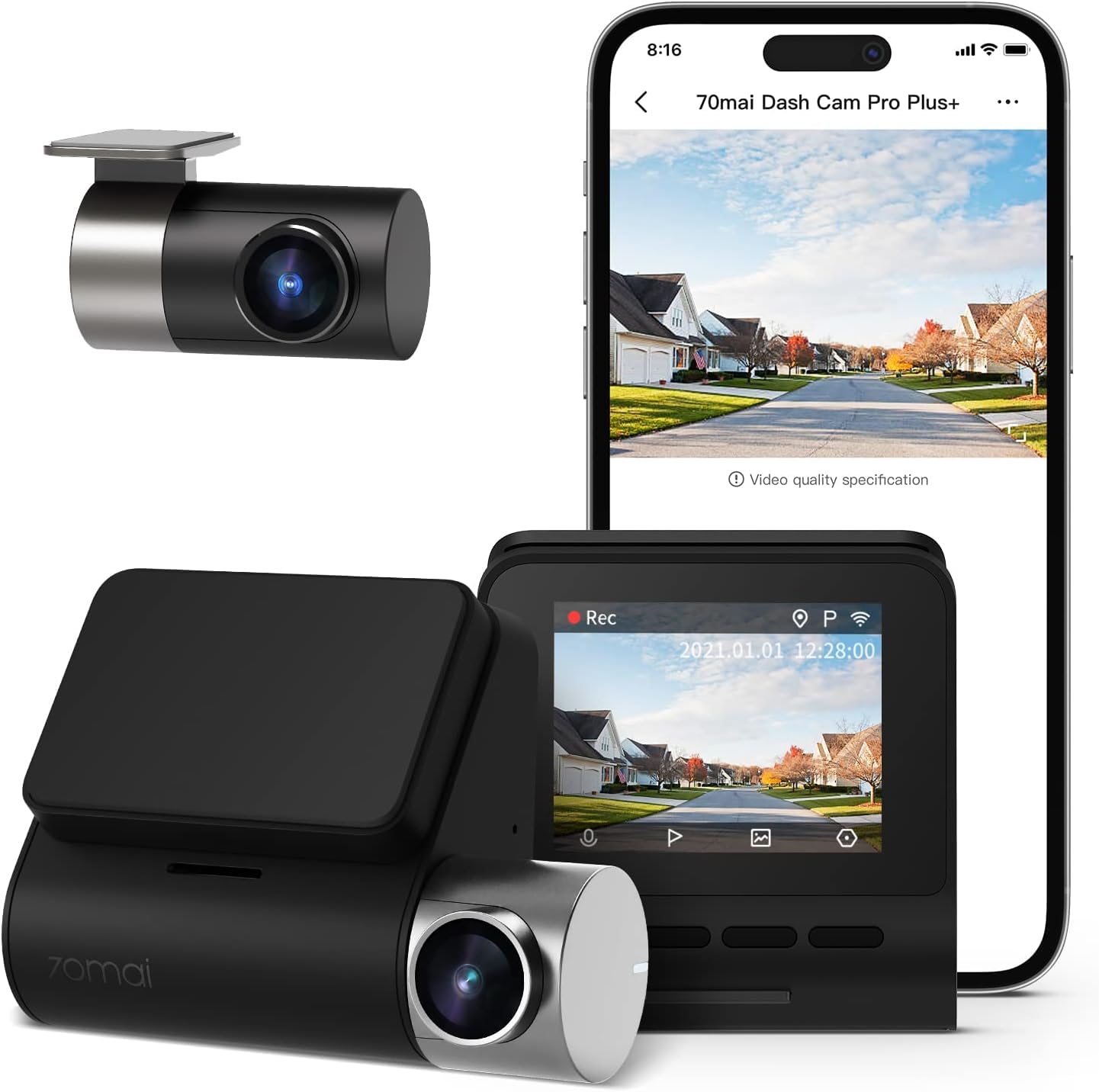 70mai 2.7K Dashcam Voiture Avant Arriere A500S Full HD Dash Cam Camera Voiture 1944P+1080P avec GPS Voiture et WiFi Intégrés, Enregistrement en Boucle, Mode Parking 24H et ADAS, Contrôle Via App