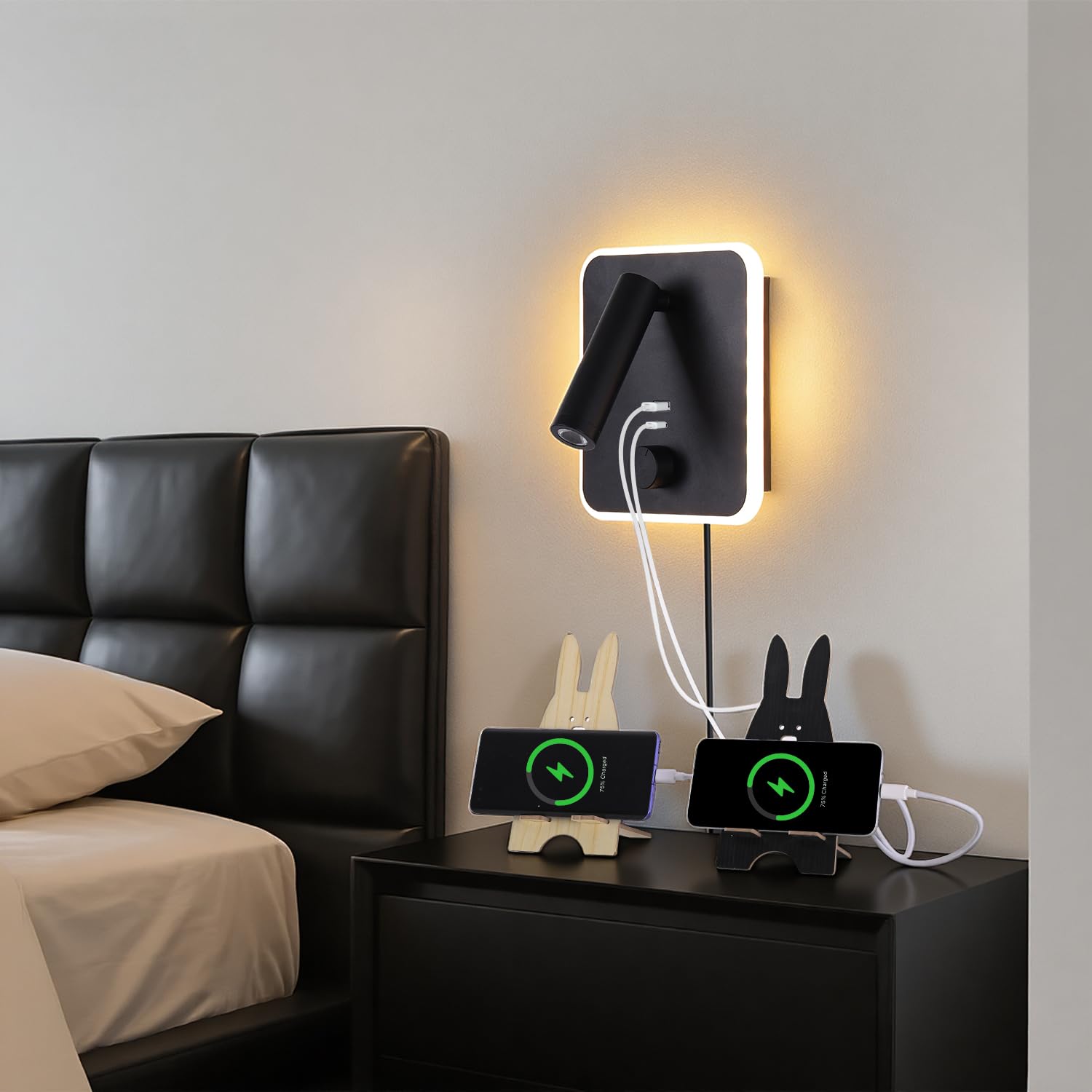 30W Schnellladung Plug-in Wandlampen mit zwei USB-A/C Ports, verstellbare Leselampe, 2-in-1 Installation für Schlafzimmer/Wohnzimmer, LED-Wandlampen (Schwarz)