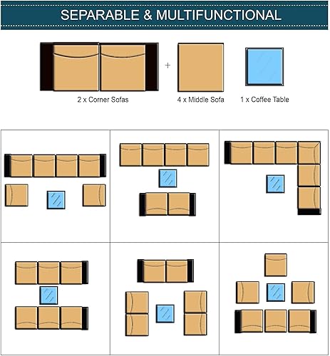 Miniatura 8 de Juego de muebles de patio de 7 piezas, juego de sofá de conversación al aire libre, respaldo alto para todo tipo de clima, muebles seccionales de
