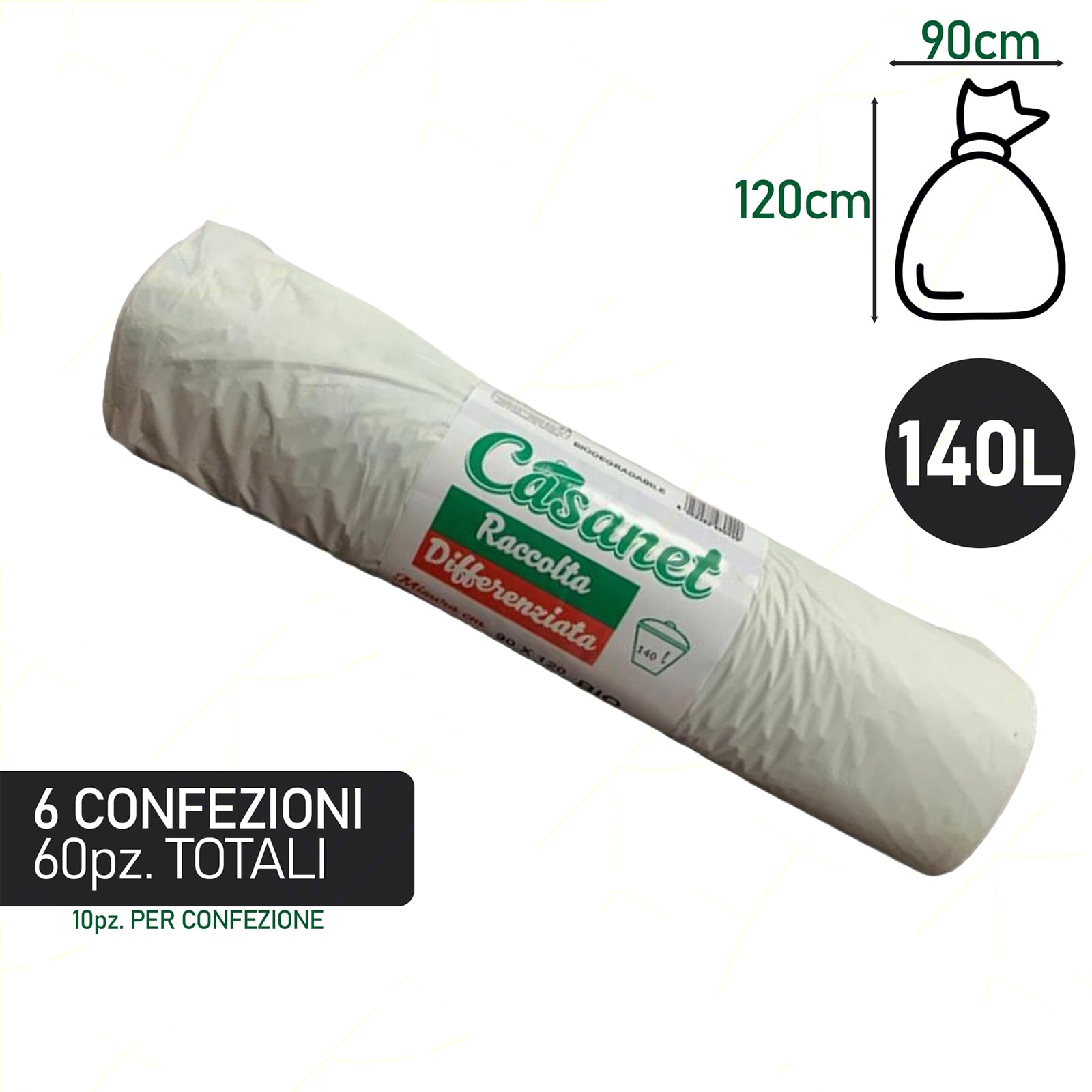 Sicignano 60 Sacchetti Immondizia 140 Litri 90x120 cm Ecologici Biodegradabili, Compostabili, in Mater-B, Sacchi Spazzatura Umido Indifferenziata Rifiuti Organici