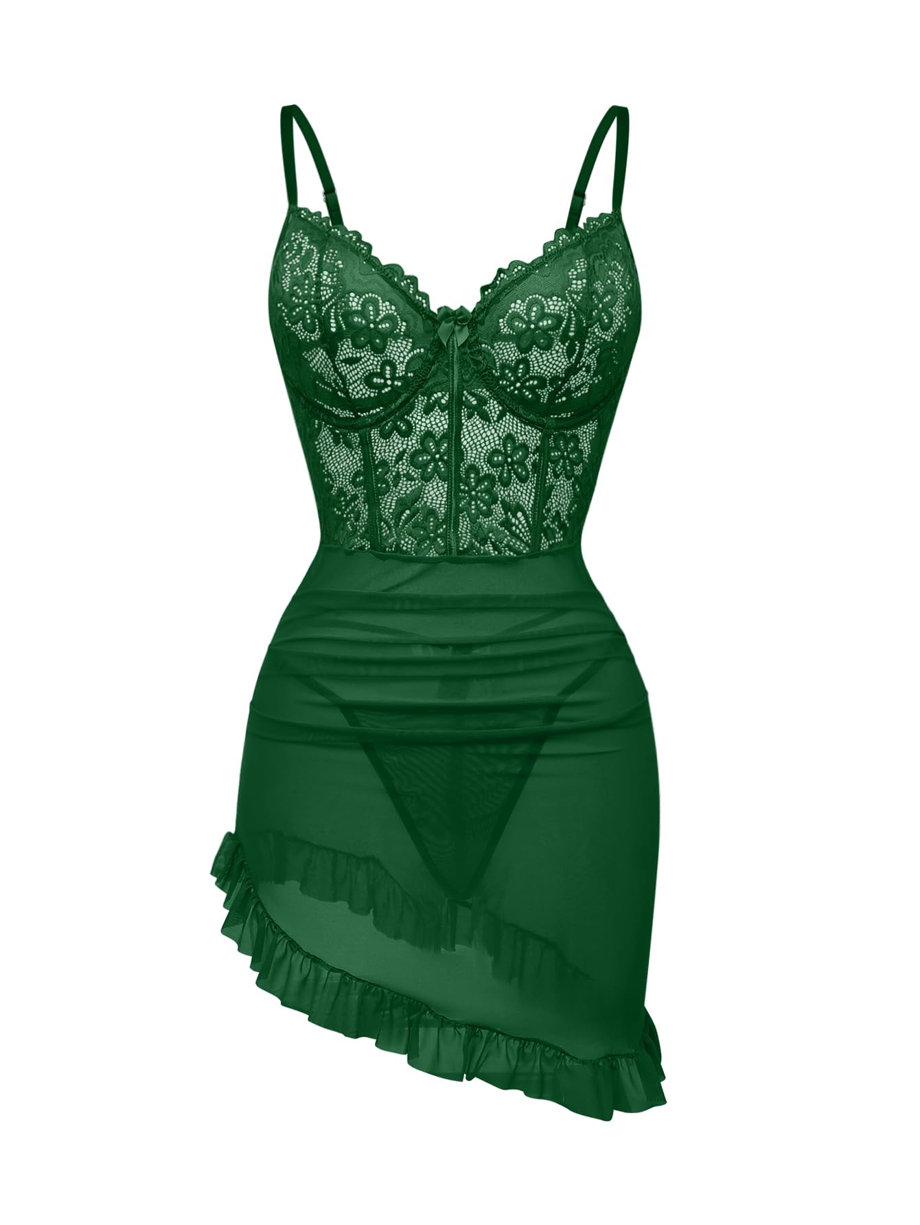 Foxiny Sexy Corset Bodycon Ruffle Sheer Underwire Mesh Lace Floral Outfits Babydoll Lingerie Set Dress with Thong 2 Piece: X-Large Blossom Black