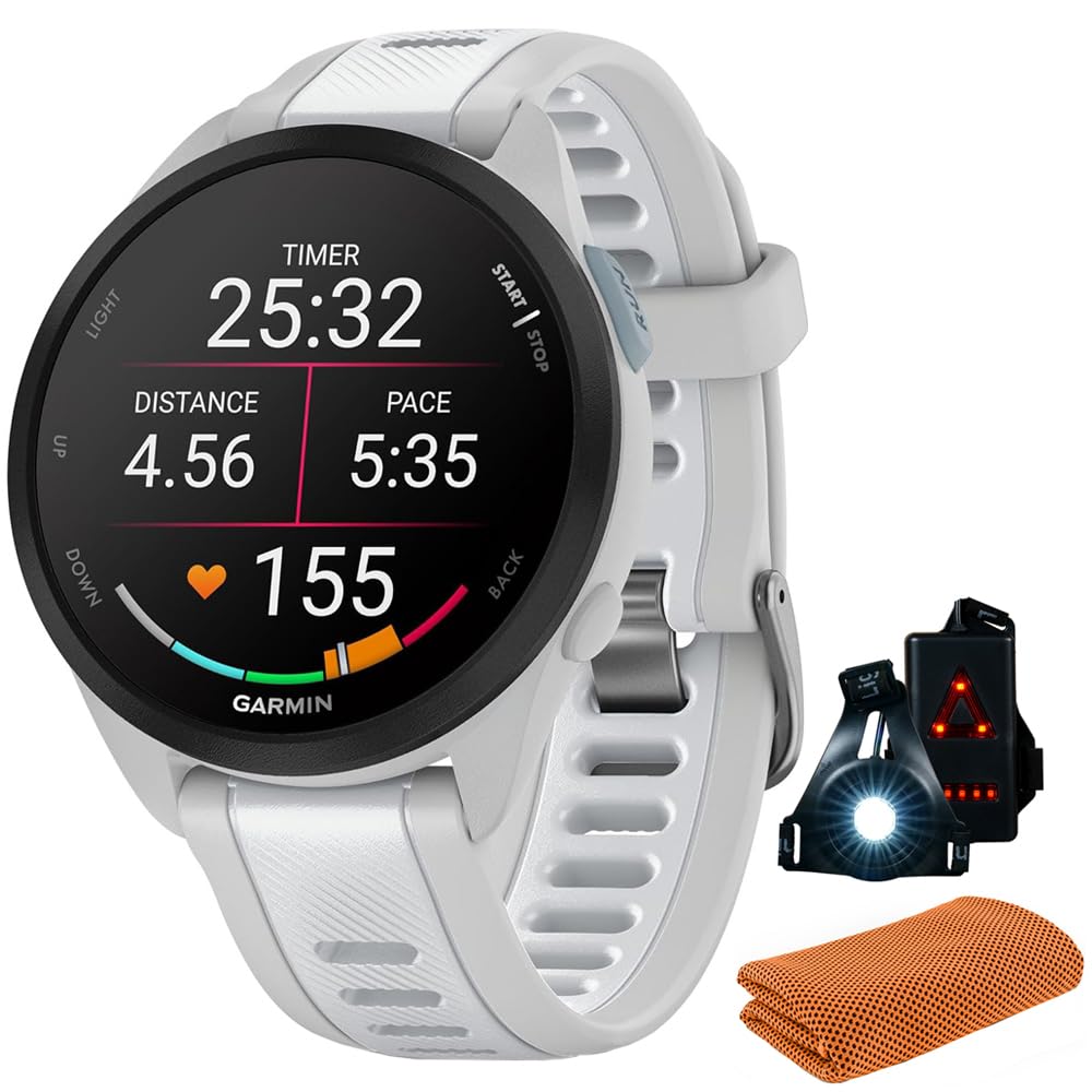 Garmin 010-02863-31 Forerunner 165 Music Smart Sport Watch, Mist Gray + Whitestone | Official USA Partner Model | Bundle with Sport Towel + Deco Essentials Wearable Commuter Front + Rear Safety Light