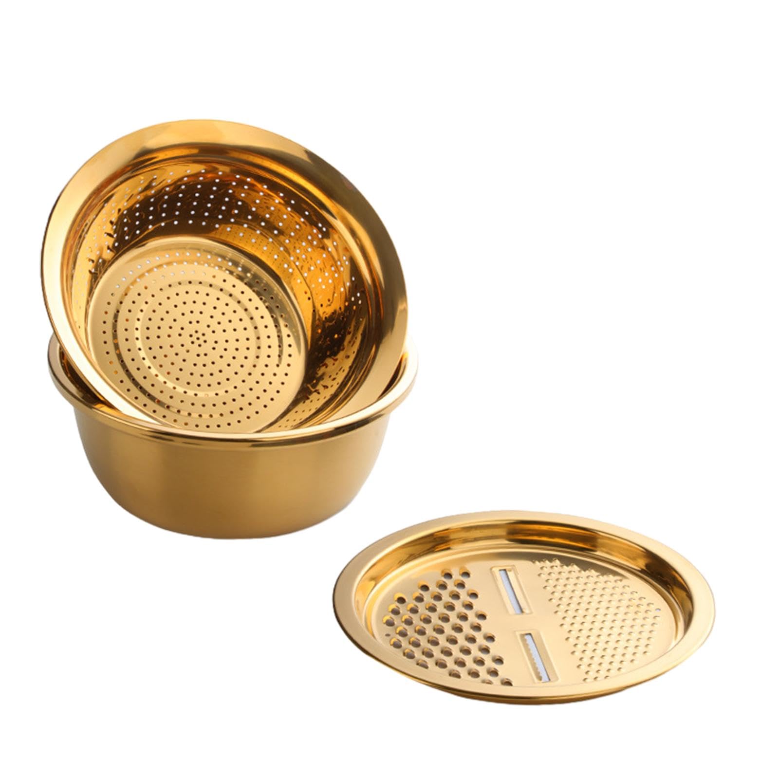 Cesta Escurridor Rallador Vegetal Acero Inoxidable Multifunción para Preparar Ensaladas Lavar Alimentos Apto Cocina Familiar Uso Diario, Oro, Individual