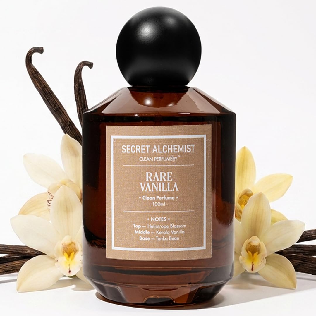 Secret Alchemist Rare Vanilla Eau de Parfum (EDP) 100ml | Clean, Long Lasting High Concentration | Perfume for Men & Women | Kerala Vanilla, Heliotrope Blossom & Tonka Bean Perfume | Luxury Gift for Men & Women, Day & Night Wear, 800 Spritz