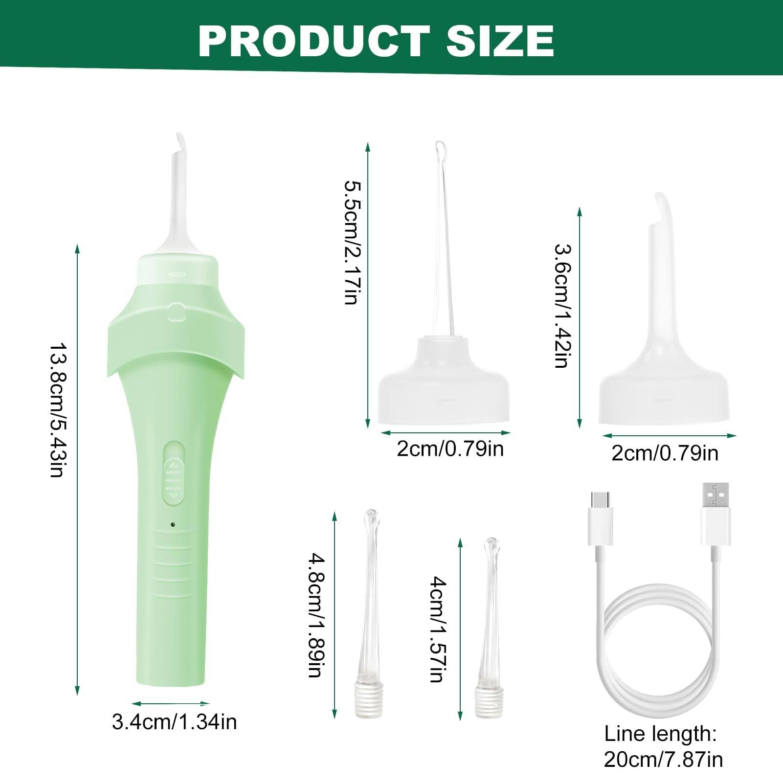 Limpiador de Oídos Eléctrico con Luz LED, Aspirador de Cera Oídos Verde, Kit de Extracción con 4 Cucharas de Repuesto, Removedor de Cera Portátil Suave y Seguro para Adultos y Niños