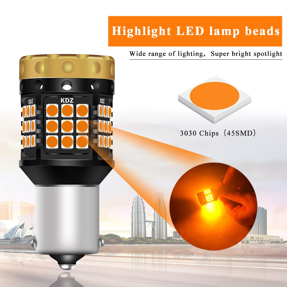 4 szt. bursztynowe 1156 BA15S P21W 45SMD żarówka LED kierunkowskazy wymiana bez błędów dla przedniego lub tylnego światła kierunkowskazu