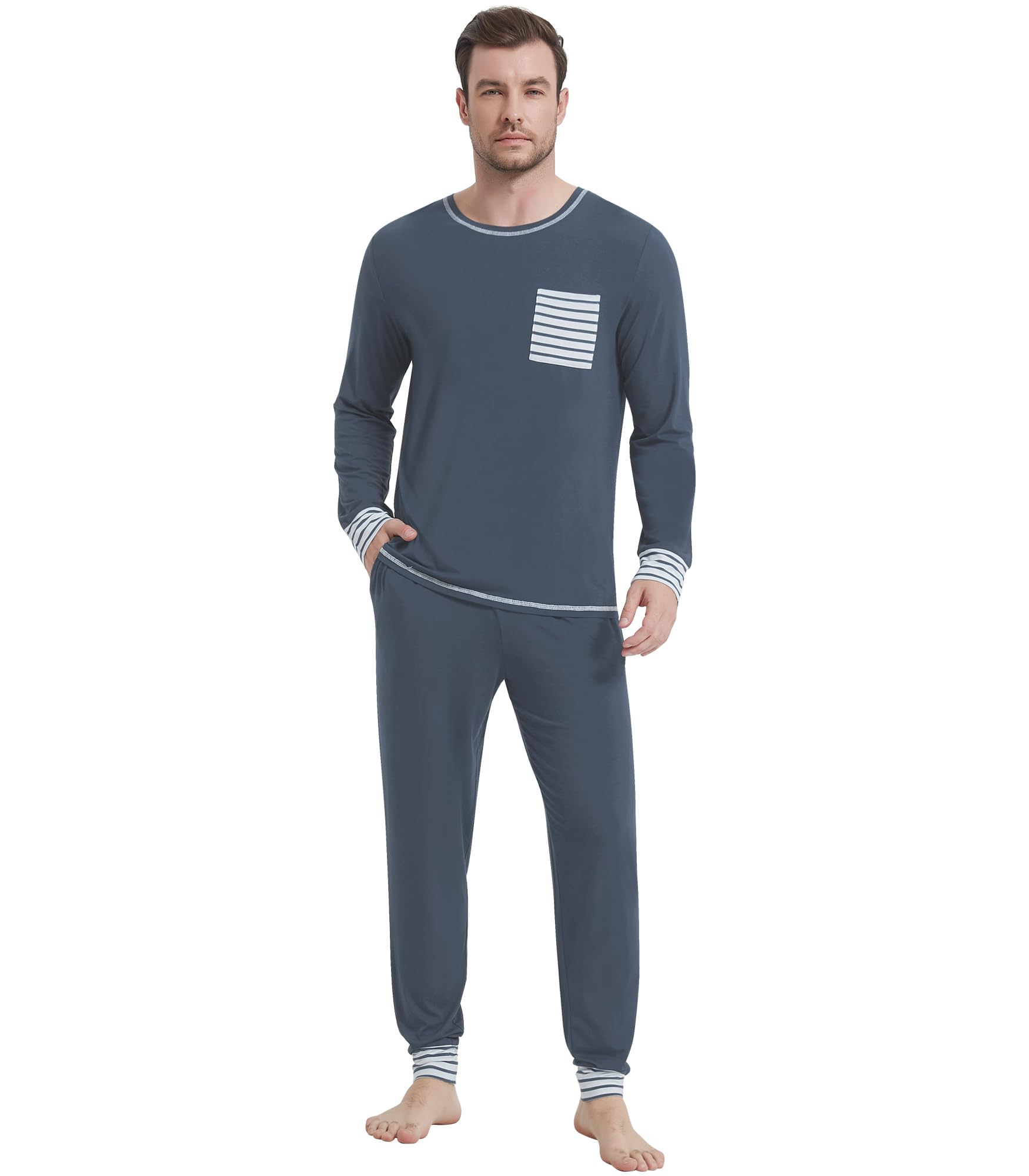 NACHILA Mens Pajamas Set Long Sleeve Henley Sleepwear Top Soft Jogger Pants Pajamas Cool Pjs Set,Viscose Made from Bamboo
