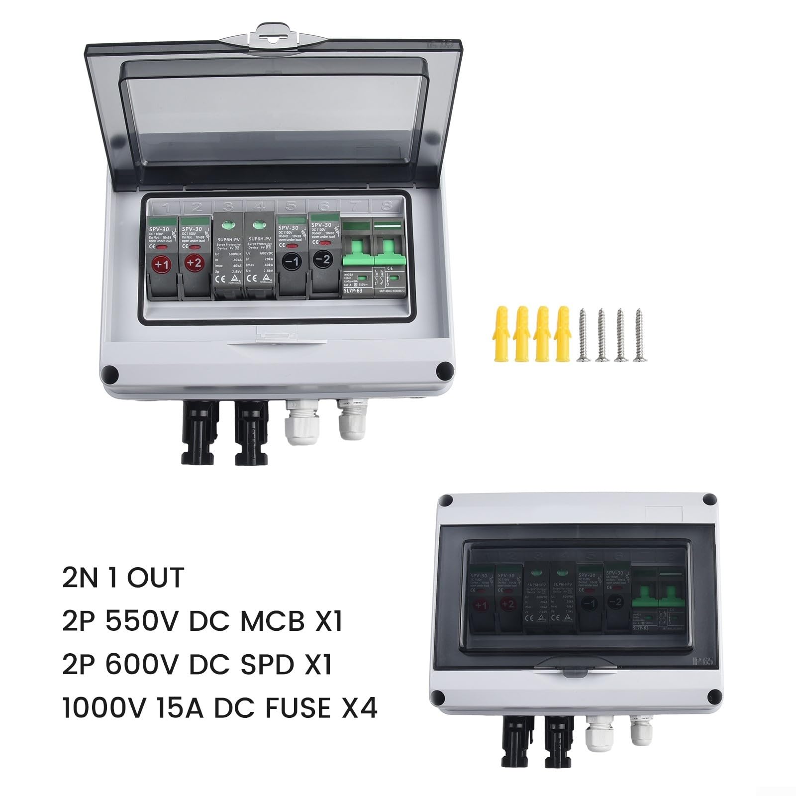 Scatola combinatrice fotovoltaica 2 in 1 out 550V con fusibile CC e MCB per uso esterno Protezione da sovratensione e sovraccarico per sistemi solari