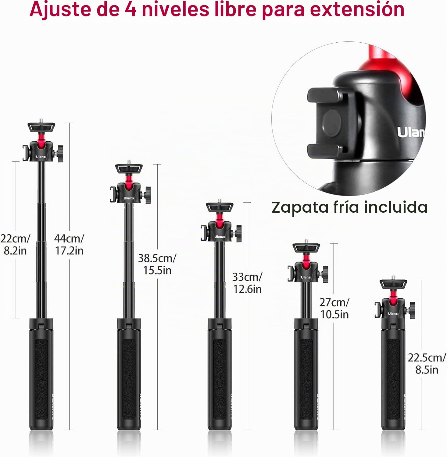 Ulanzi Mini trípode para cámara - Trípode de cámara extensible MT-16 Ajuste de 4 niveles, rótula de bola de 360° Zapata fría Accesorios de Vlog portátiles livianos para DJI Action Insta360 Compact Cam