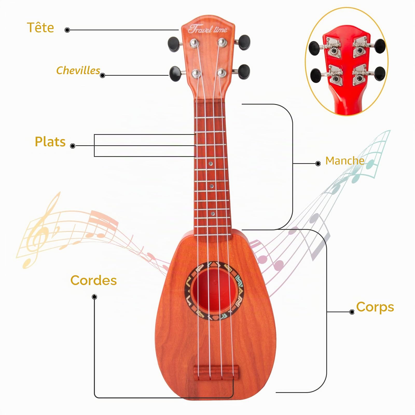 Ukelele pour enfants, guitare pour enfants, mini ukulélé acoustique de 43 cm, kit pour débutants avec médiator et sangle– Idéal pour les tout-petits et les débutants (marron foncé)