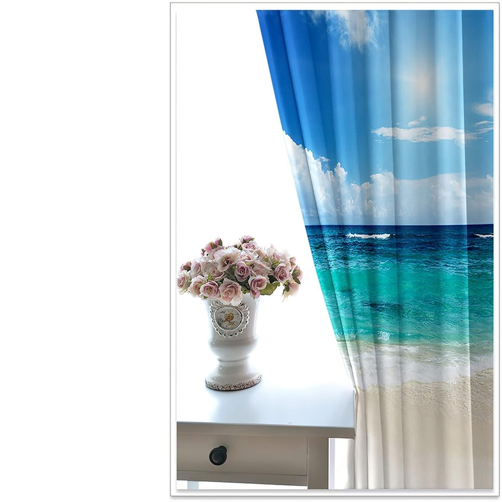 Vorhänge Wärmeisolierend 2 Panels,2 x 152W x 244H cm,Gardinen Ösen Modern Strandlandschaft Vorhänge für Küchen Modern Blau Weiß Khaki