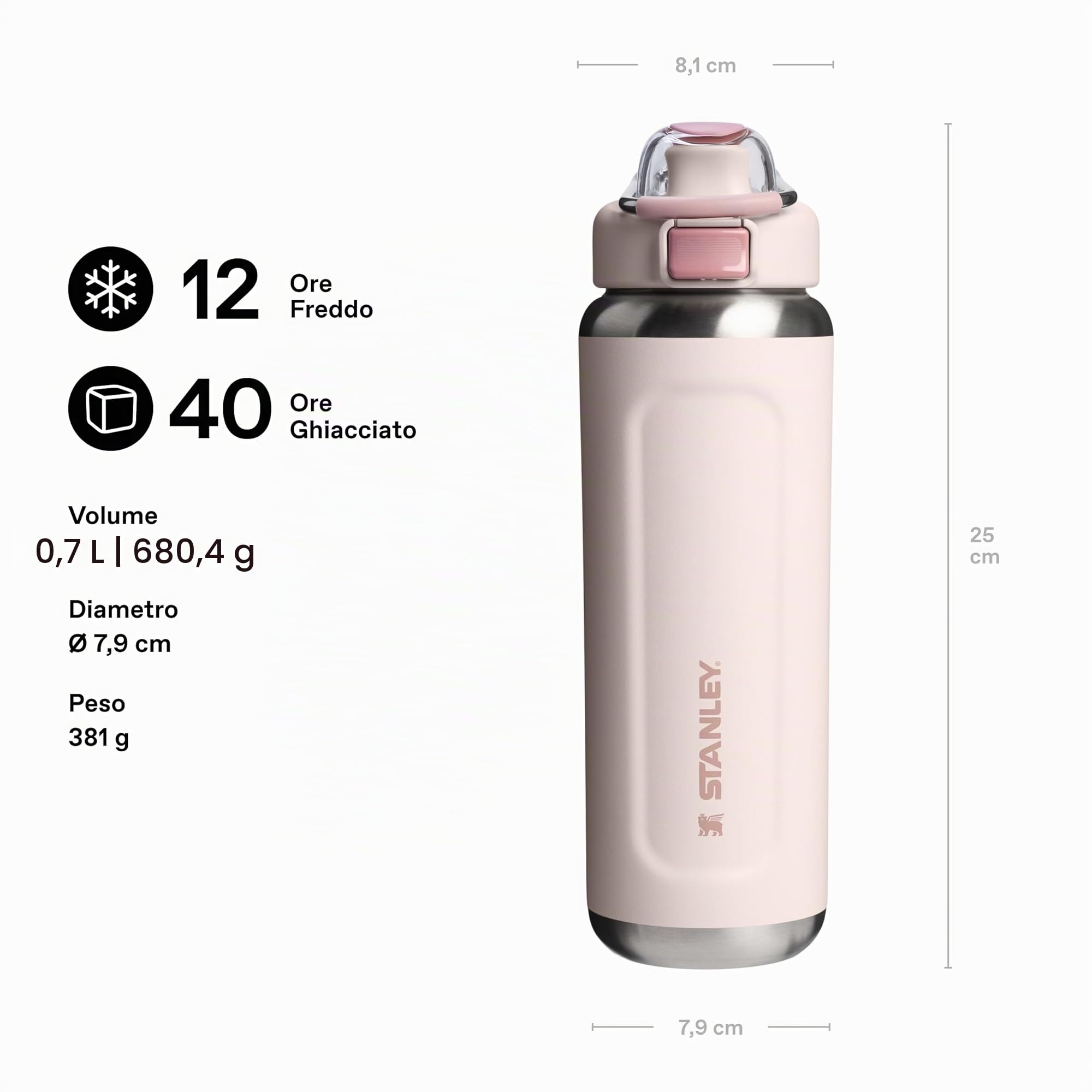 Stanley 1913 Wellspring Bottle 0.7L - 12 Ore Di Freddo - 40 Ore Di Ghiacciata - Senza BPA - Acciaio Inossidabile Riciclato - A Prova Di Perdite - Lavabile In Lavastoviglie