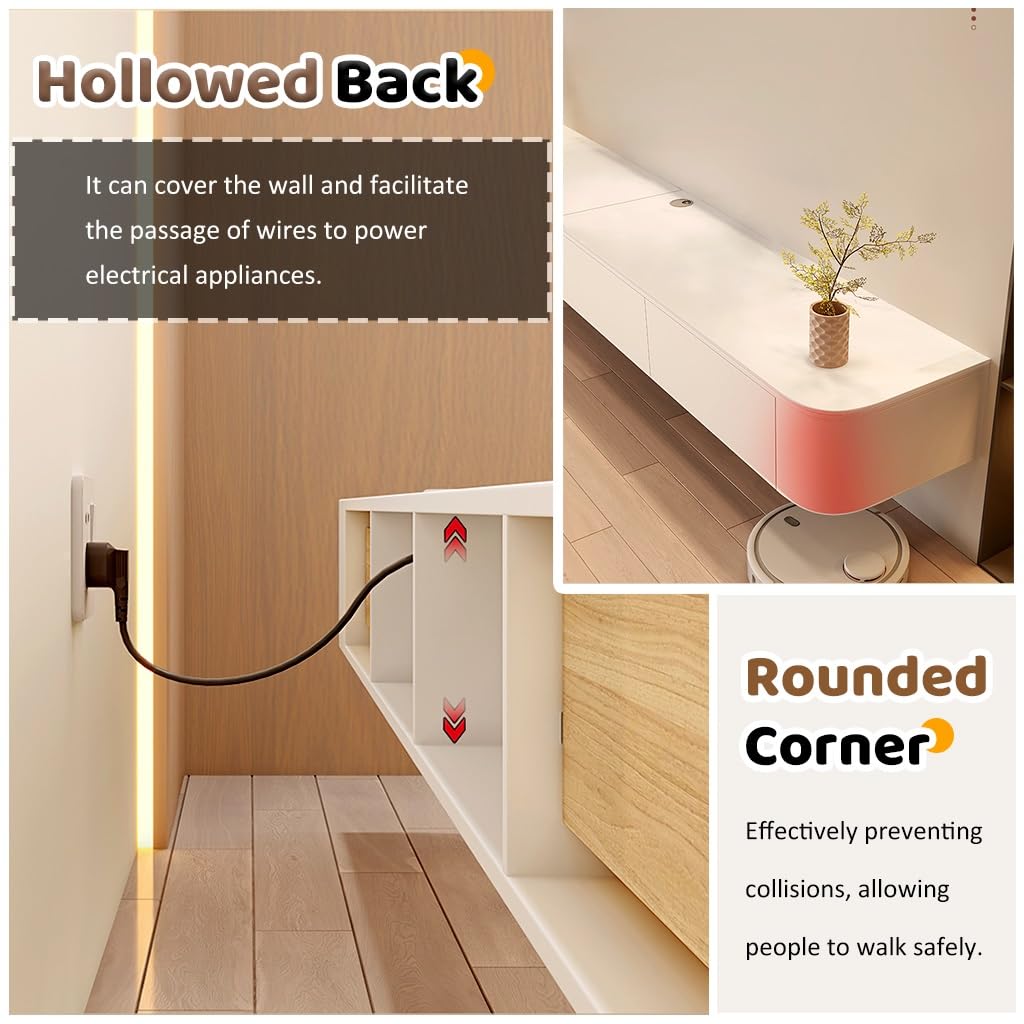 Mueble De TV De Pared Blanco, Mueble De TV Flotante Con Almacenamiento, Banco De TV De Madera Con Cajón, Orificio Para Gestión De Cables, Parte Trasera Hueca, Consola Multimedia(Natural,240x24x20cm)