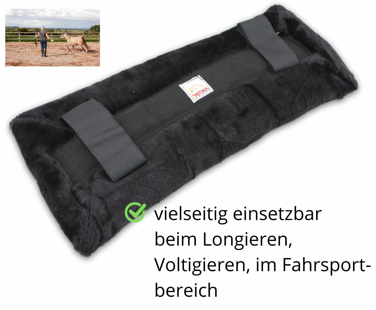 AMKA Selettunterlage schwarz Fleece 50 cm Geschirrunterlage Kammdeckelunterlage Longiergurtunterlage Voltigiergurt Unterdecke Longiergurt Voltigiergurt Unterlage Voltigierpad Kunstfell