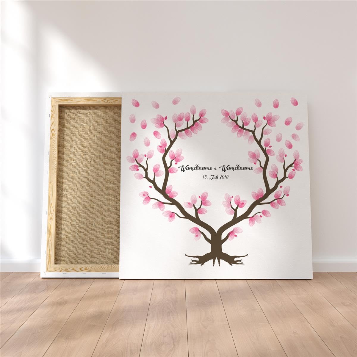 Madyes Płótno Ślub Odcisk palca Księga gości Spersonalizowane Drzewo Serce dla młodej pary jako prezent, dekoracja ślubna, imiona z datą. 50 x 50 cm rozmiar na blejtramie drewno