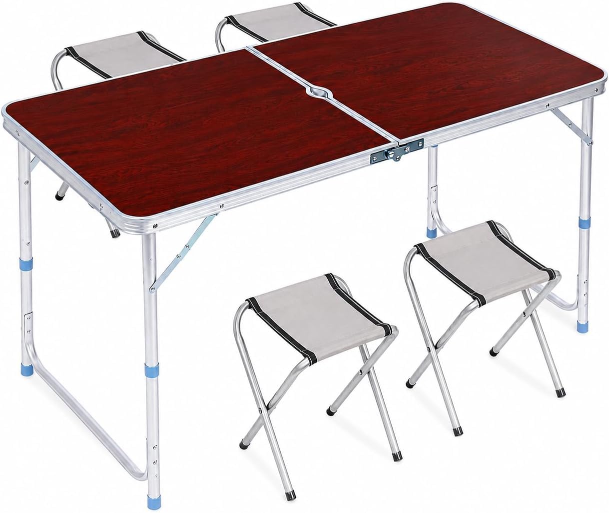 indigo® Folding Camping Table with 4 Stools – Portable Picnic Table Set, Lightweight Foldable Outdoor Dining Table for Camping, Garden, BBQ, Fishing, Beach & Festivals, Carry Handle Design (Brown)