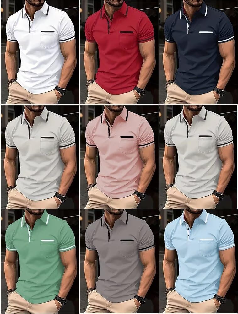 Polo de manga corta para hombre, estilo casual, bloque de color, ajustada, con bolsillo
