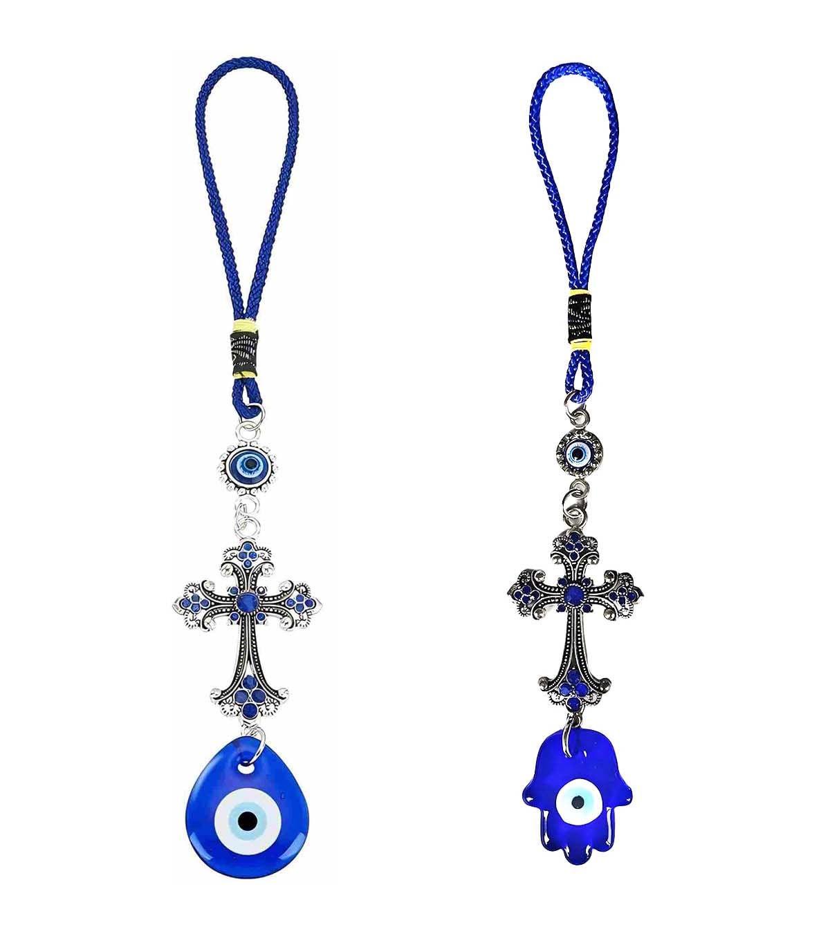 Belacasa Blue Evil Eye Crystal Cross Talisman Fatima's Holy Hand Pendant Decoration, Lucky Evil Eye Hanging Ornament For Car, Home And Office For Protection And Blessing (Pack Of 2Pcs - Hand + Water Droplet)