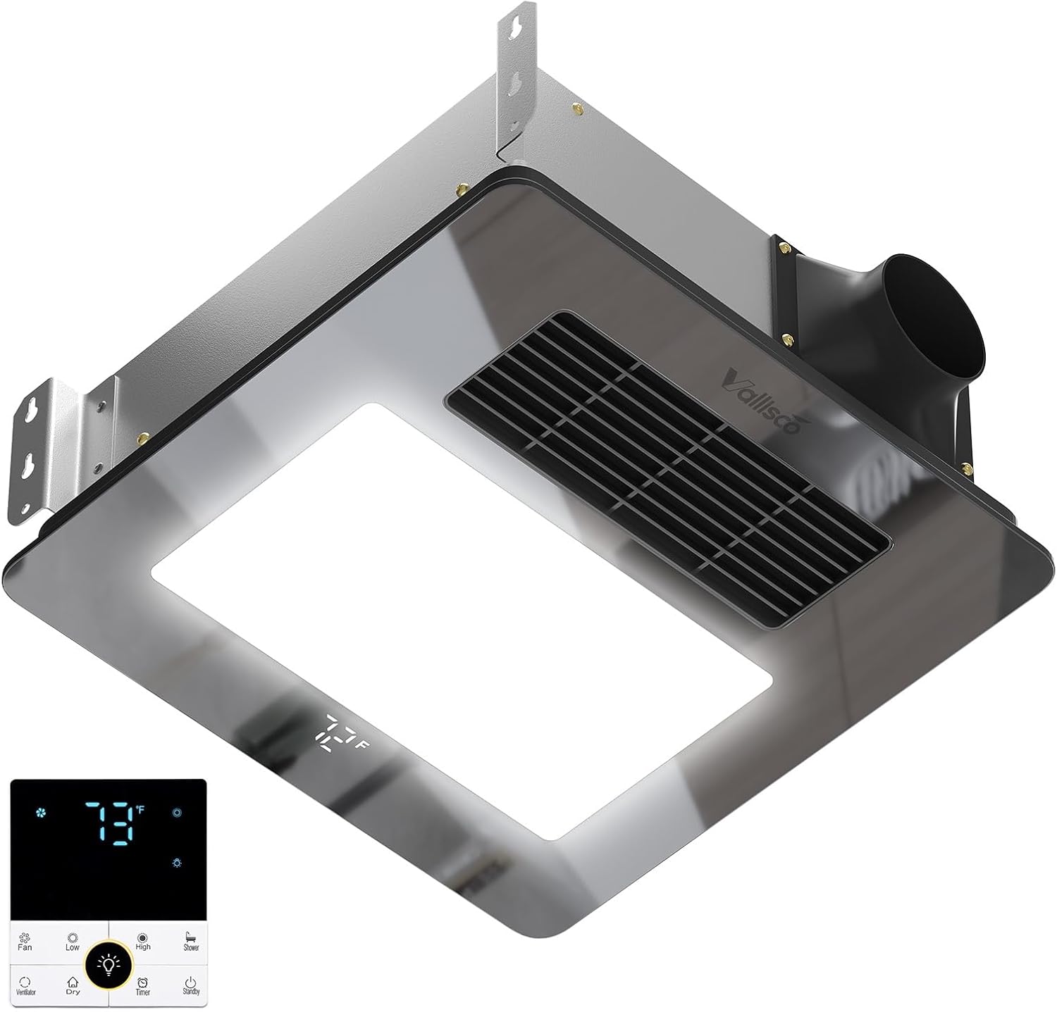 Mirrored 4-in-1 Bathroom Exhaust Fan with 1800W Heater, Remote Control, 150 CFM Quiet Ceiling Fan for Heating, Lighting, Ventilation, Blowing & Drying, Dual Installation Grey