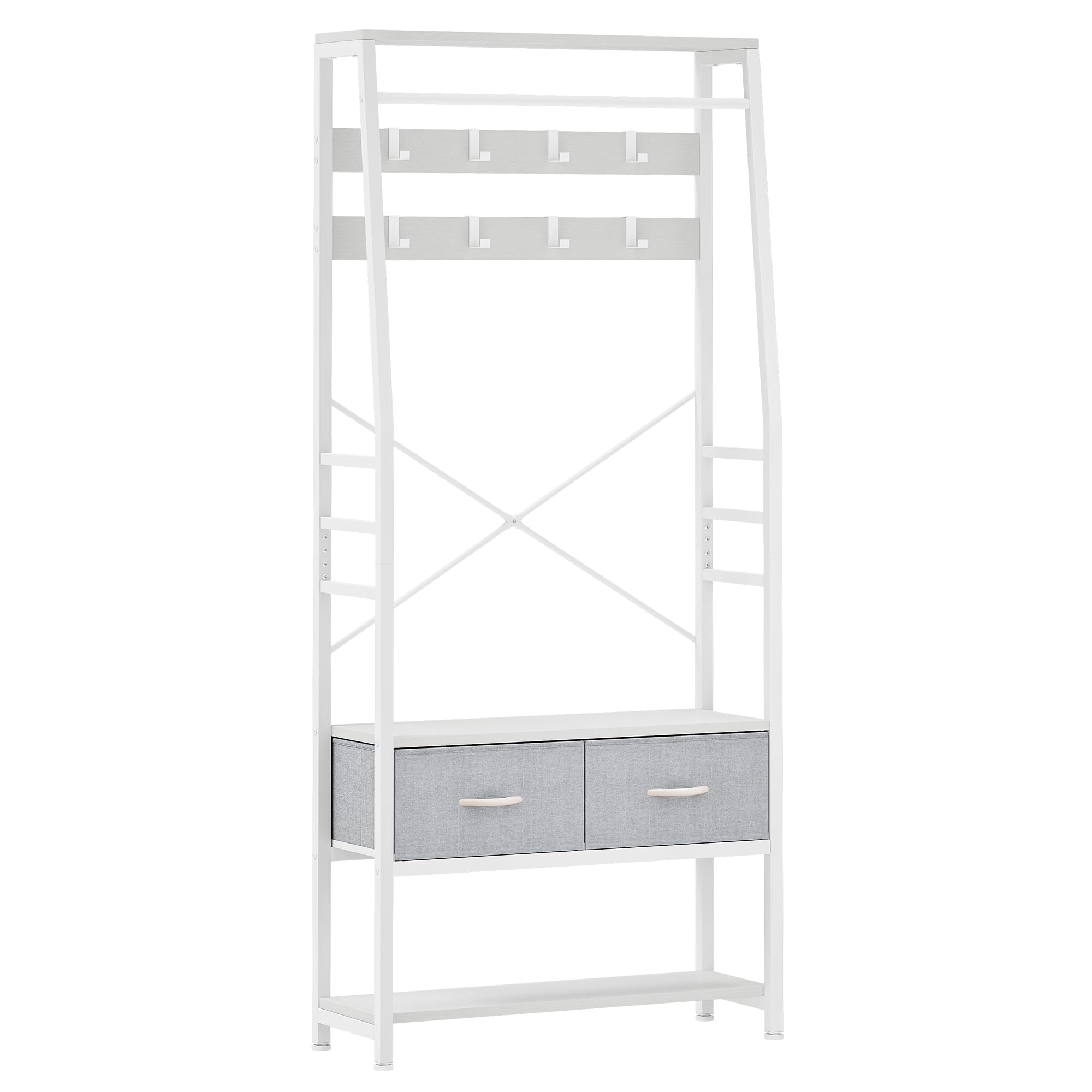 YITAHOME Porte-manteau avec rangement à chaussures, arbre d'entrée autonome avec banc et 2 tiroirs pliables, porte-manteaux industriel avec 8 crochets pour couloir, cadre en métal, Blanc