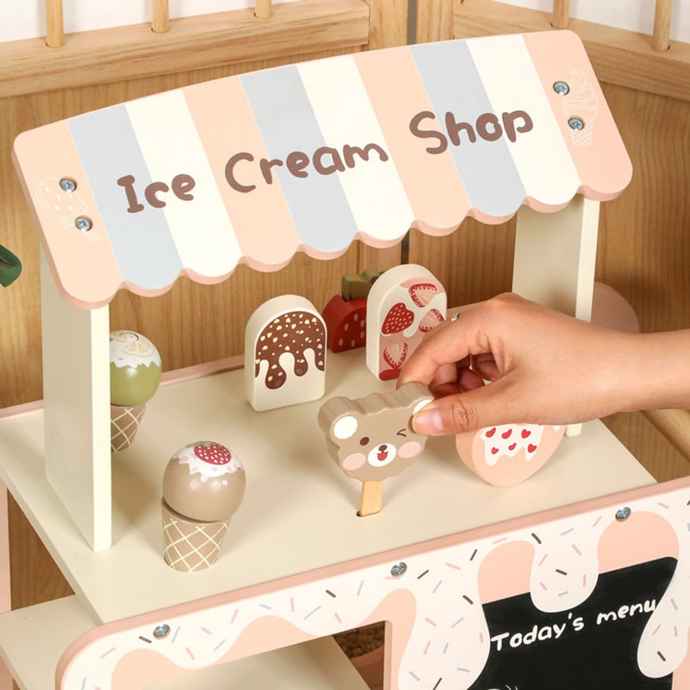 Set da Gioco Carretto di Gelato in Legno, Bancarella Finta di Dolci | Giocattolo camioncino dei gelati in legno mobile, carretto degli snack finto con lavagna