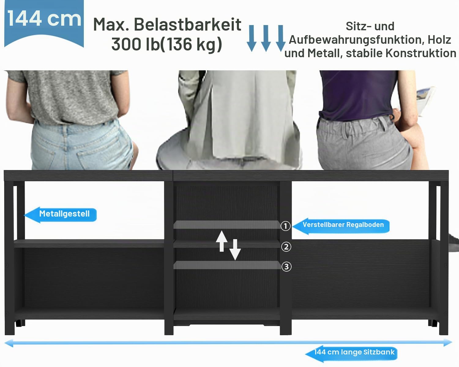 HSH Sitzbank Flur mit Stauraum Schuhbank Vintage Schwarze 33 x 145 x 51 cm