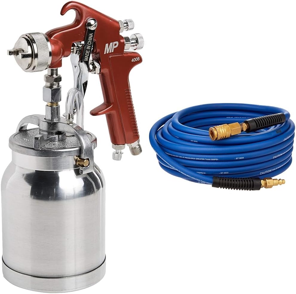 4008 Spray Gun with Cup - Red Handle 1.8mm Nozzle & Estwing E1450PVCR 1/4" x 50' PVC/Rubber Hybrid Air Hose with Brass 1/4" NPT Industrial Fitting and Universal