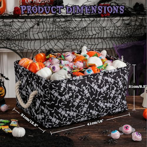 Image of Halloween Skeleton Basket Spooky Baskets, Collapsible Gift Basket Toy Storage with Handles Halloween Skeletons Stuffer Basket Large Storage Bins with Drawstring Closure Skeleton Decorations