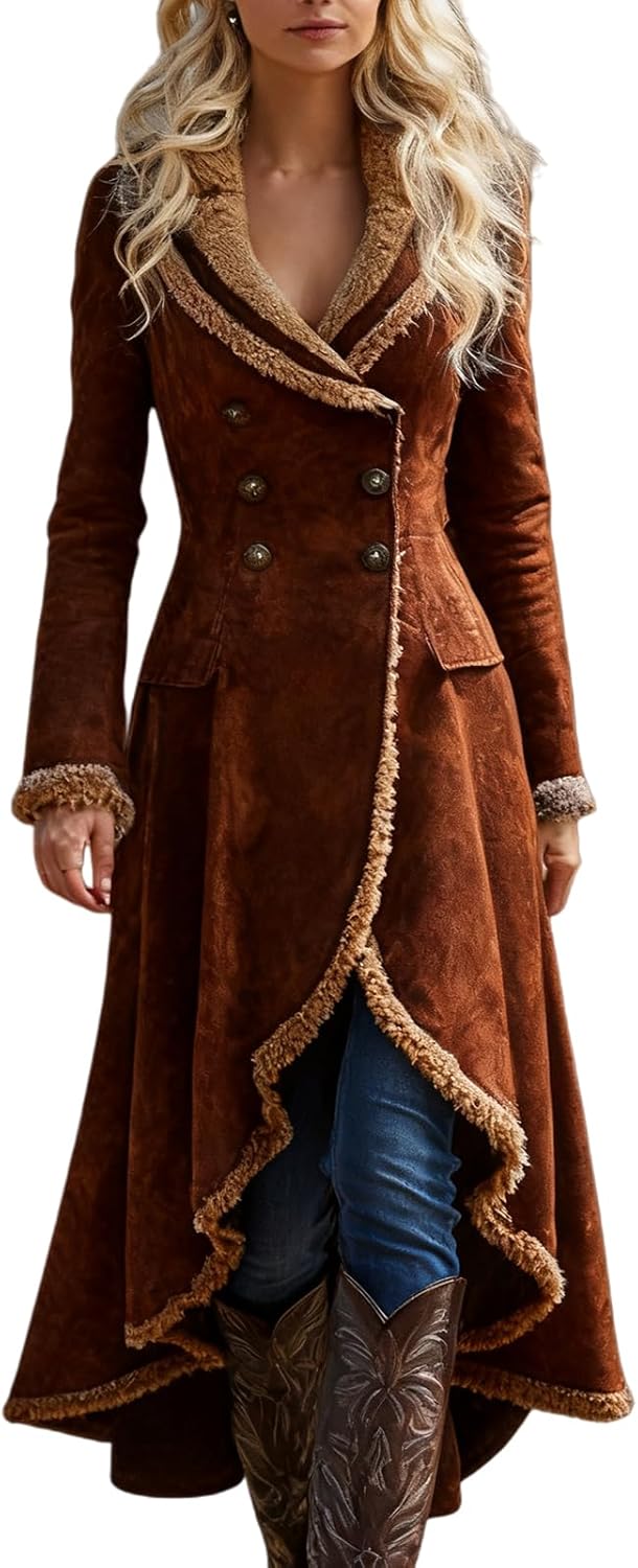 Ru Sweet Women's Faux Suede Long Coat Fall Winter Western Retro Sherpa Lined Outerwear
