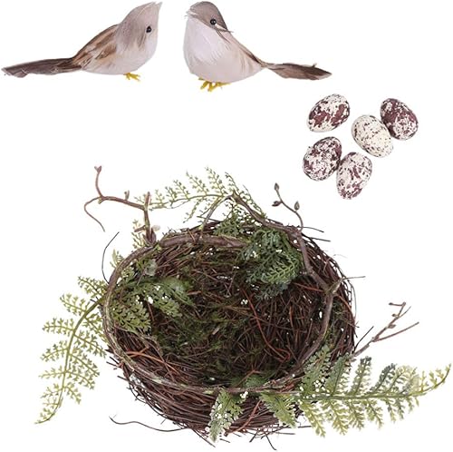 Miniatura 9 de VALICLUD Nido artificial para pájaros con huevos, pájaros, ramita de ratán natural, adorno para casa, decoración de jardín
