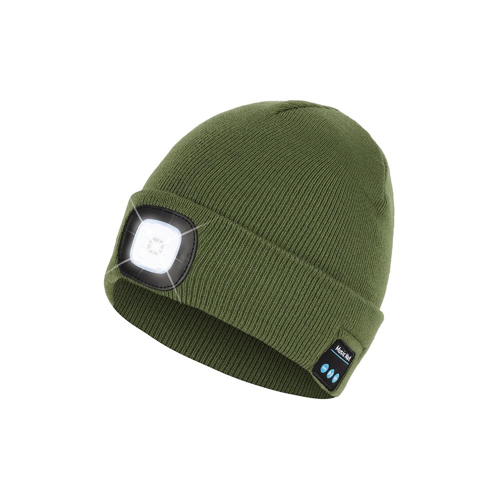 Bluetooth Beanie Hat with Light, Headlamp Cap with Headphones and Built-in Speaker Mic, Gifts for Men Women Teen, Army Green, One size