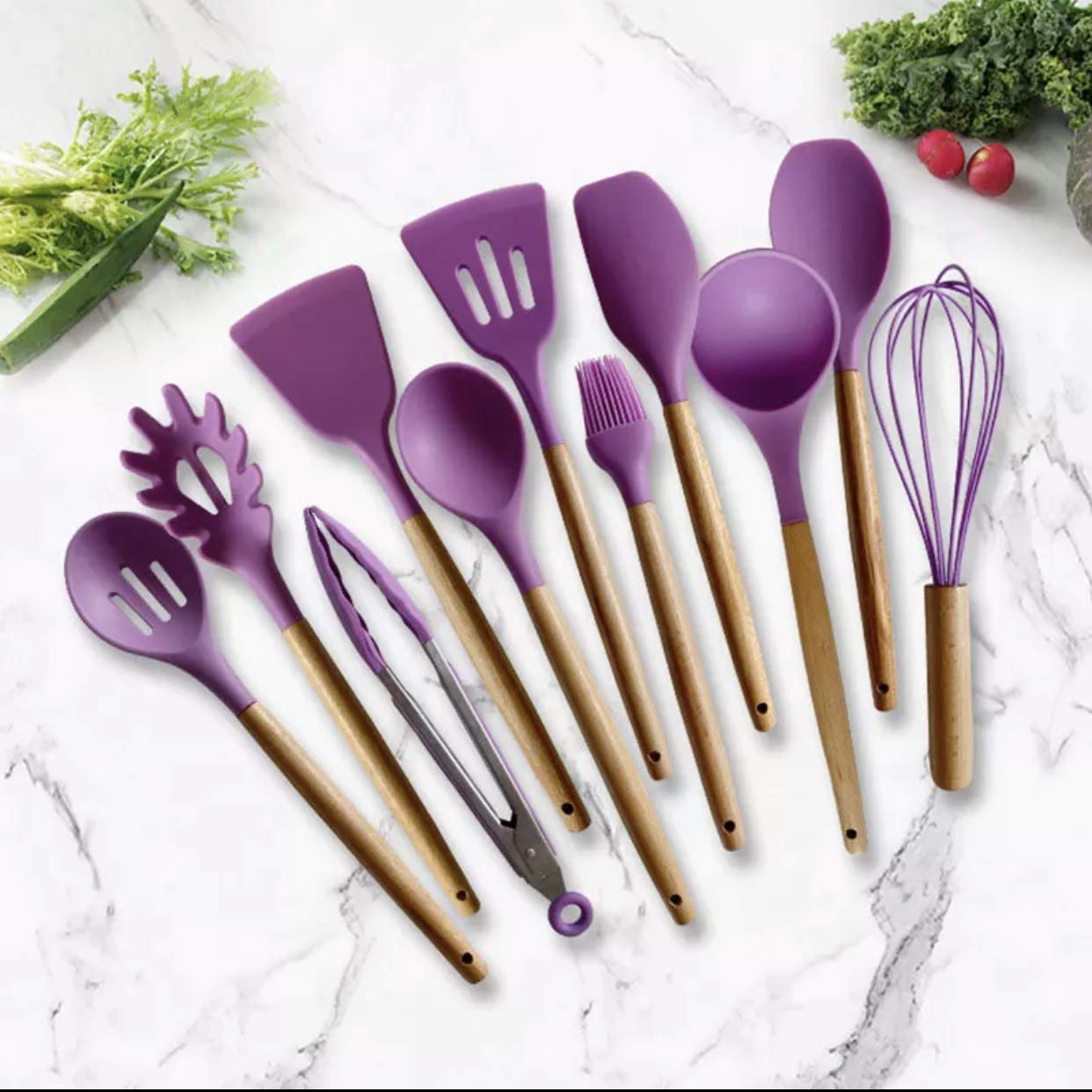 Küchen- und Kochutensilien-Set, 12-teilig, Silikon-Holzgriff, hohe Hitzebeständigkeit, Premium-Silikon-Küchenhelfer, Spatel-Set mit Halter, BPA-frei (lila)/516