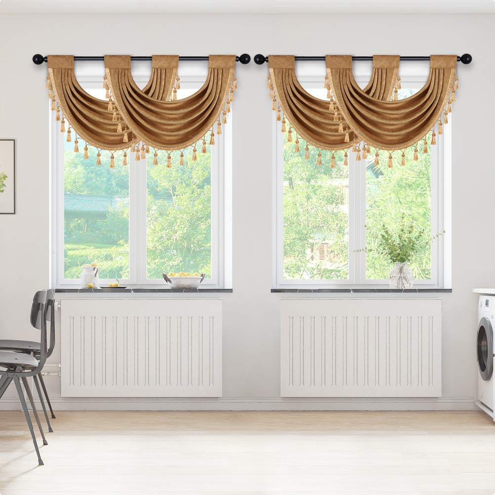 Condition photo showing As Is for elkca thick chenille waterfall swag valances for living room bronze valance curtains for kitchen,pack of 4 (bronze, 30" w x 22" l)