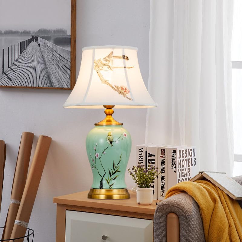 HvKvHvY Vintage Ceramic Table Lamps,E27 Handmade Bedside Lamp Nightstand Lamps, Classic Chinoiserie Green Fabric Desk Lamp for Bedroom Living Room Office(B02)