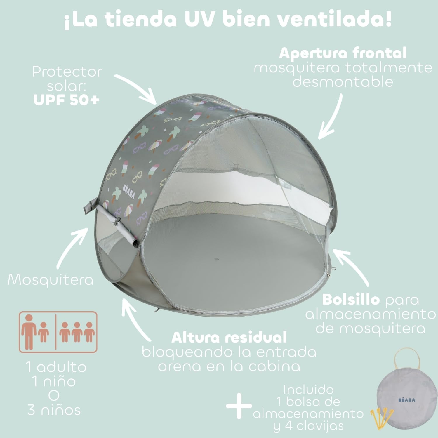 BÉABA, Tienda De Playa para Bebé, Tienda Anti UV Infantil, Protección Solar Máxima UPF50+, Filtrado UV, Ventilación 360°, Mosquitera, Espaciosa, Sistema Pop-Up, Bolsa De Transporte, Breezy, Caqui