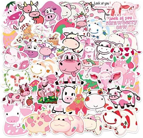 Cute Stickers for Kids, 50Pcs Pink Cartoon Vinly Stickers, Strawberry Cow Theme Waterproof Decal Sticker Packs for Laptop Luggage Hydro Flask and Water Bottle(Not Repeating)