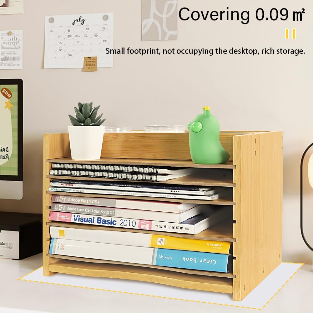 WKWKER 5-Tiers Bamboo File Organizer Paper Organizer Mail Sorter Document Letter Trays Desk Organizer with 4 Dividers for Office Home Study Desk Storage (Natural Color)