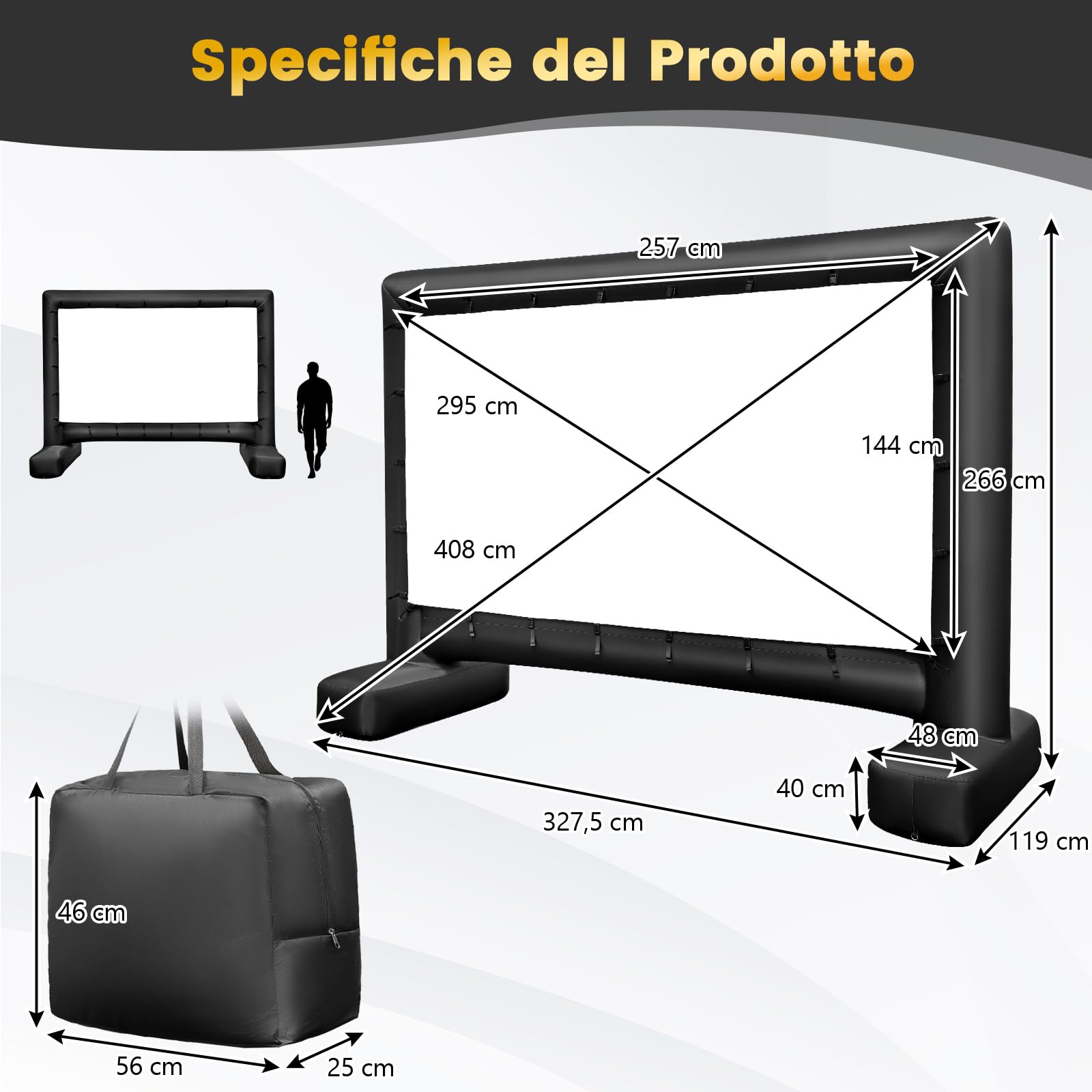 COSTWAY Schermo Proiettore Gonfiabile 16:9, Schermo Gonfiabile per Esterni con Soffiatore, Schermi di Proiezione con Borsa per Trasporto e Picchetti, 257 x 144 CM (Modello 1)