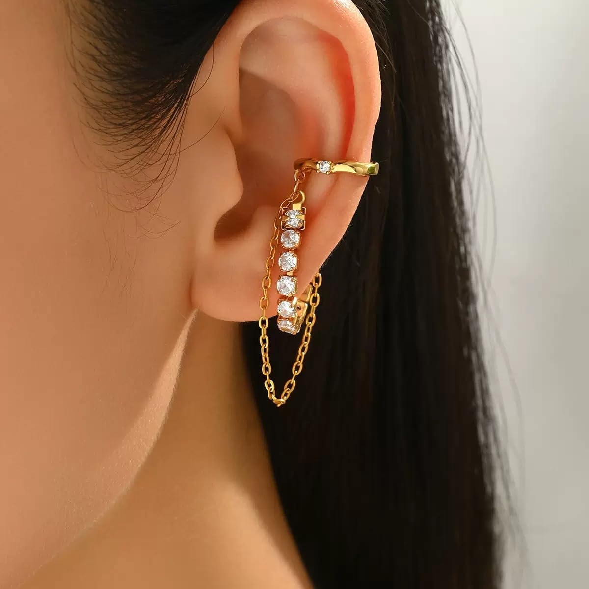 14K Gold Plated Crystal Chain Ear Cuff Dangle Earrings for Women Non Piercing - Non Tarnish Clip on Cartilage Earrings Fake Earring Trendy Jewelry - Image 2