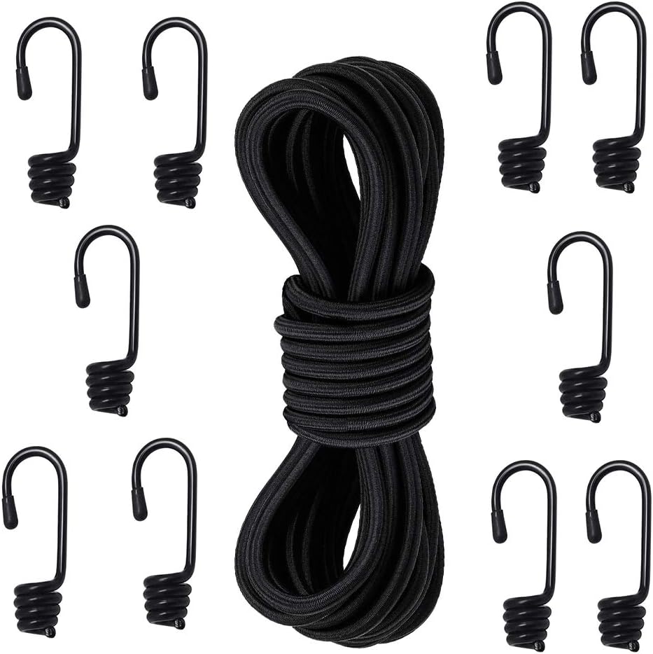AFASOES Bungee Cords with Hooks, 10mx8mm Black Elastic Bungee Rope