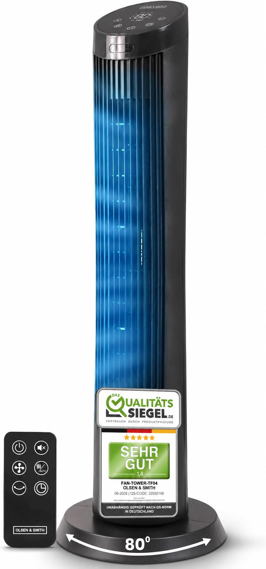 Olsen & Smith Turmventilator mit Fernbedienung | Leiser 27-dB-Ventilator fürs Schlafzimmer | 91 cm (36 Zoll) Standventilator 4 Geschwindigkeitsstufen, 7,5 m/s Oszillationsfunktion mit 12-Stunden-Timer