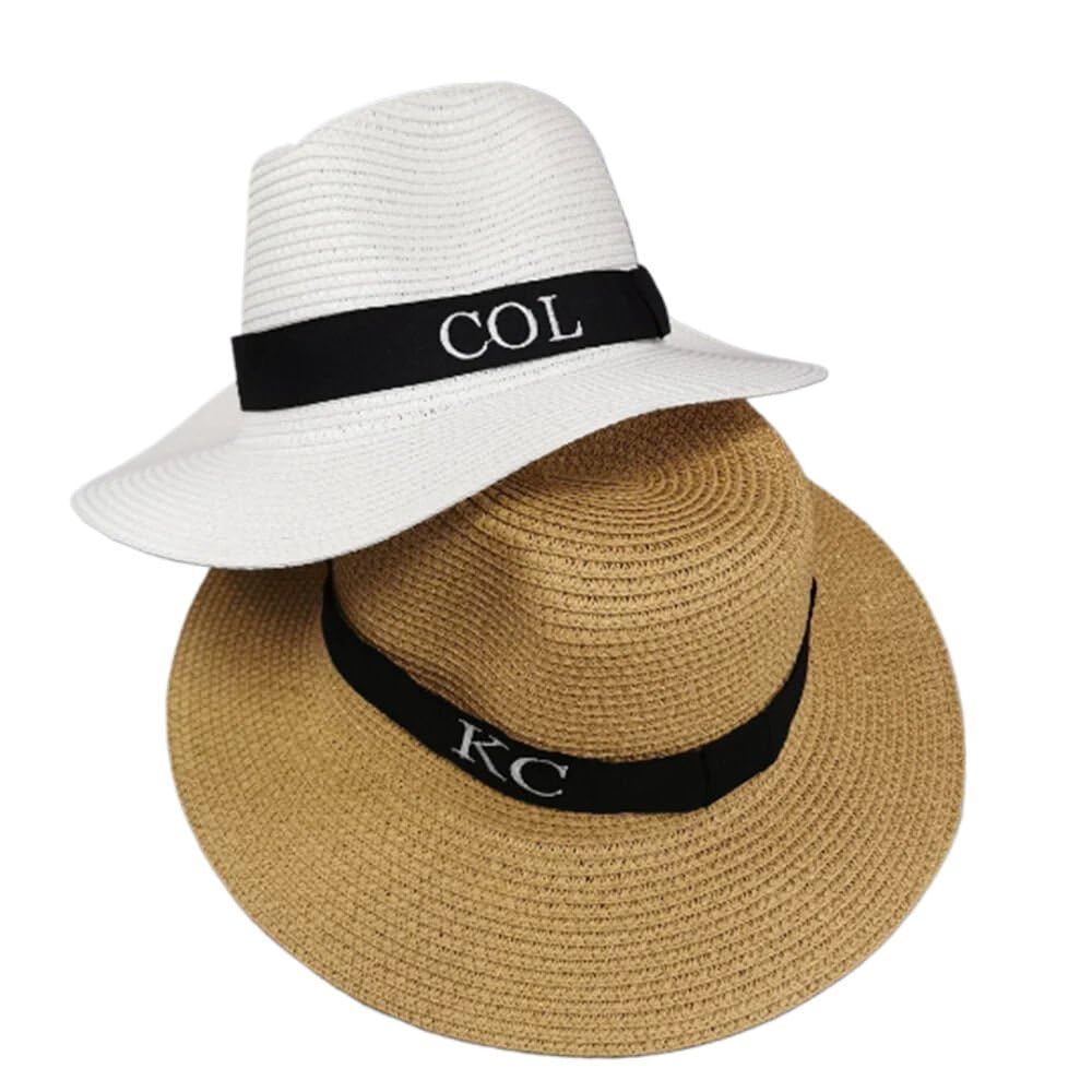 WIVCOMD Nombre Bordado Personalizado Sombrero De Sol De Verano De Playa para Mujer,Sombrero De Verano De ala Ancha Personalizado Cualquier Nombre Damas Sombrero De Paja Fedora Regalo De Fiesta Sombrero D