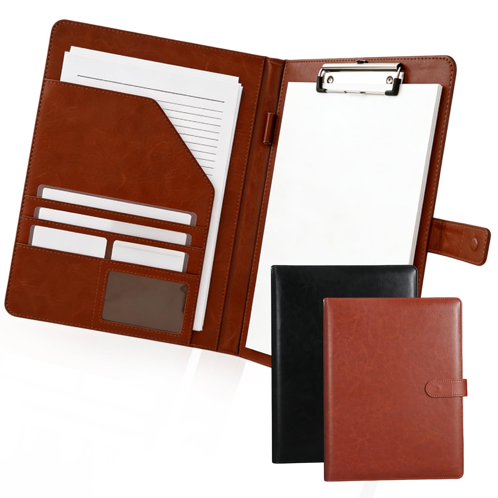 Lot de 2 Porte Documents A4, Porte Document A4 en Cuir PU Porte Document Cuir avec Fermeture Magnetique Compartiments Rangement Cartes Stylo Organiseur Bureau Ecole Reunions Noir/Marron
