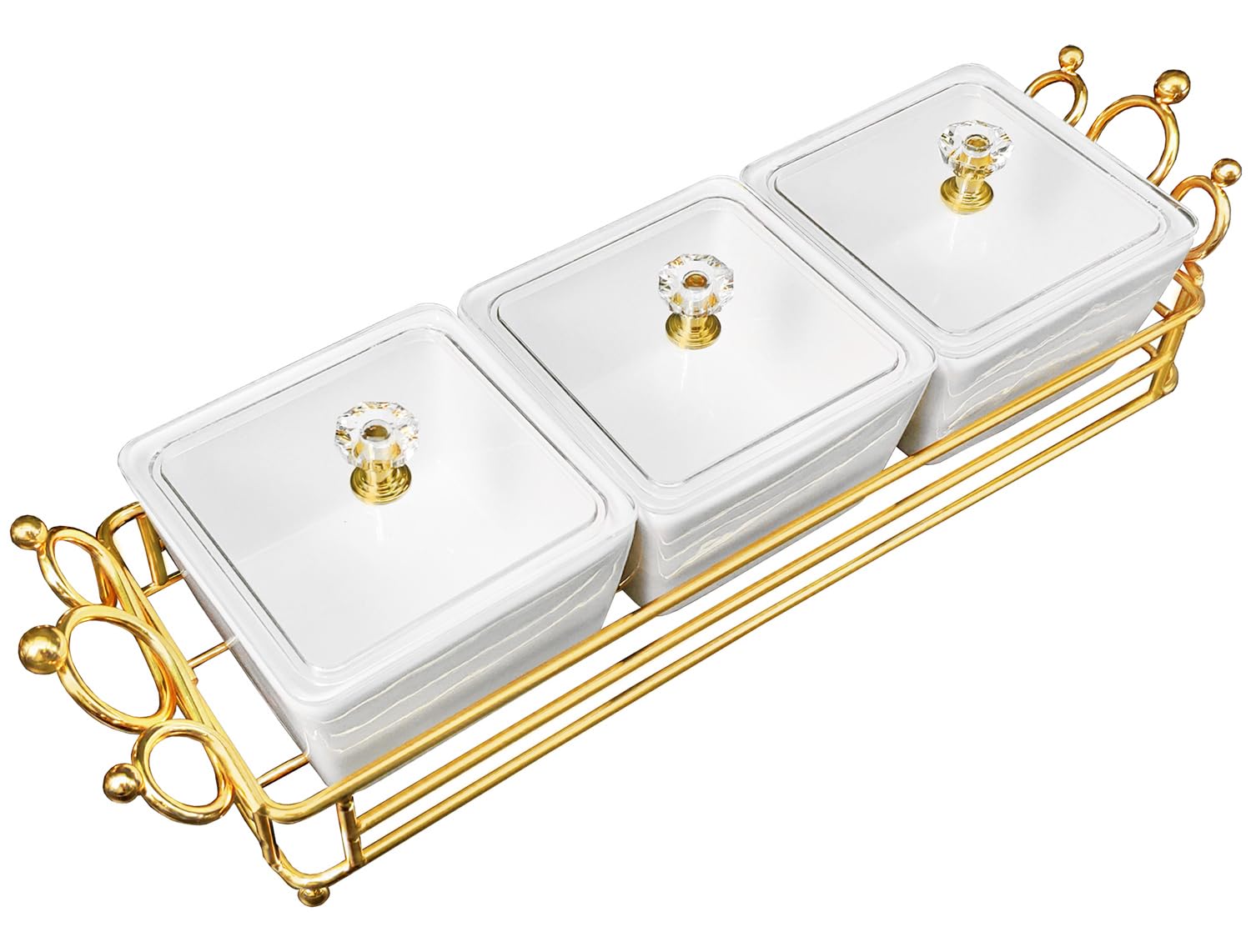 YA JU Ceramic Bowls and with Lid Gold Basket Trays, 3 Removable Small Bowls Condiment Trays Nut Serving Set for Snacks, Fruits, Candy and Condiments - Great for Parties, Holiday Gifts, White