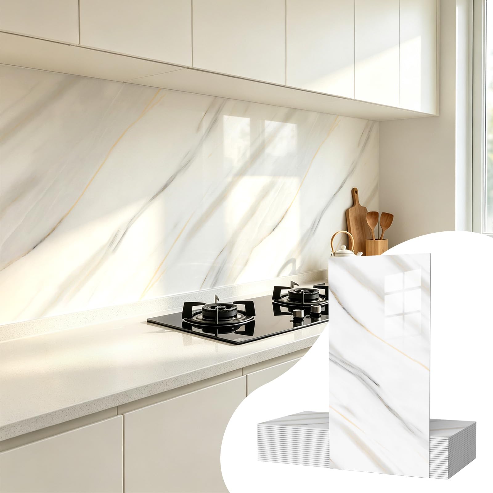 Vieshful 20 Pack 30 x 60 cm Self Adhesive Wall Tiles, Waterproof Back Splash Marble Stick on Tile Kitchen Bathroom, TV Walls, Living Room Gray White (Not Real Tiles)