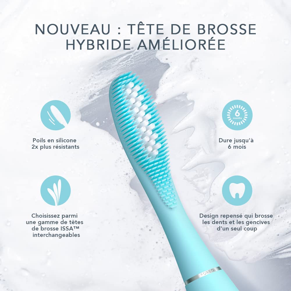 FOREO ISSA 3 la brosse à dents sonique ultra-hygiénique et rechargeable de FOREO poils en silicone et en polymère,tête de brosse d'une durée de 6 mois,16 intensités,365 utilisations par charge,Mint