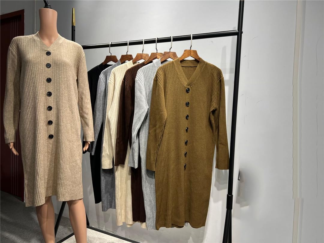 Robe Tricotée À Manches Longues pour Femmes Robe Pull Lâche Solide Vintage Robe Pull À Col en V