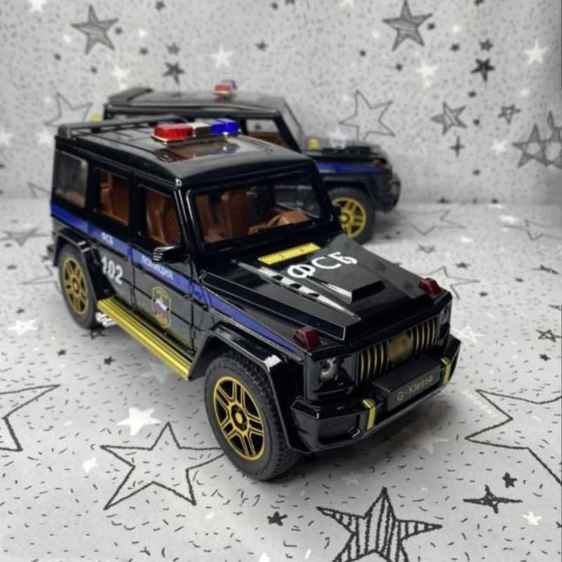 Image of Kids Model 1:32 G Wagon Police Die Cast Metal Car Pull Back Action Opening Doors with Realistic Engine Sound Lights Toy Car Gift for Boys - Black