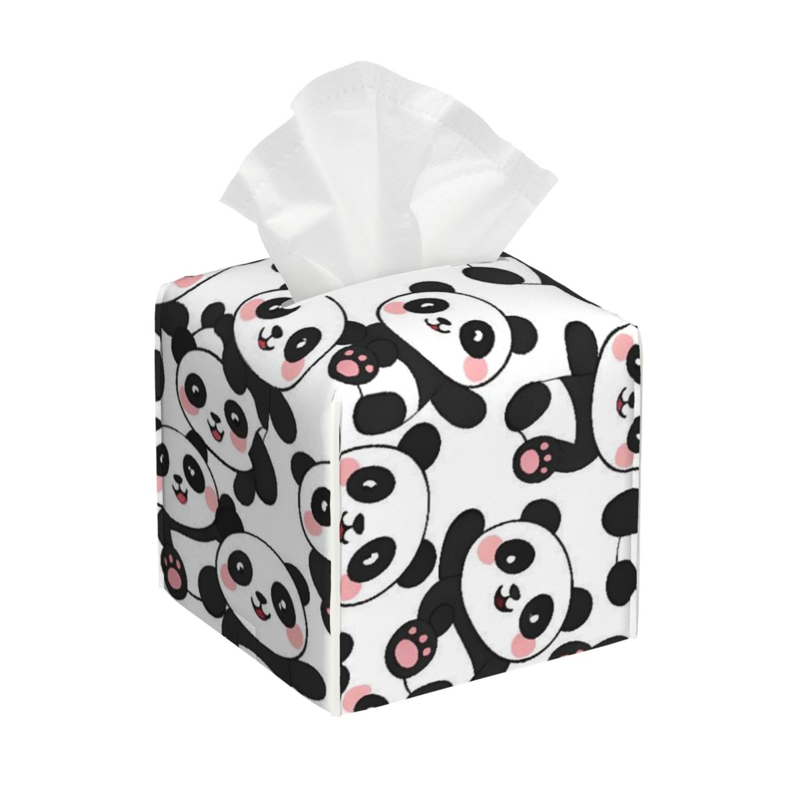 Pandas Animal Leather Tissue Box Cover Holder Square Facial Paper Organizer 5.2" X 5.2" X 5.2"